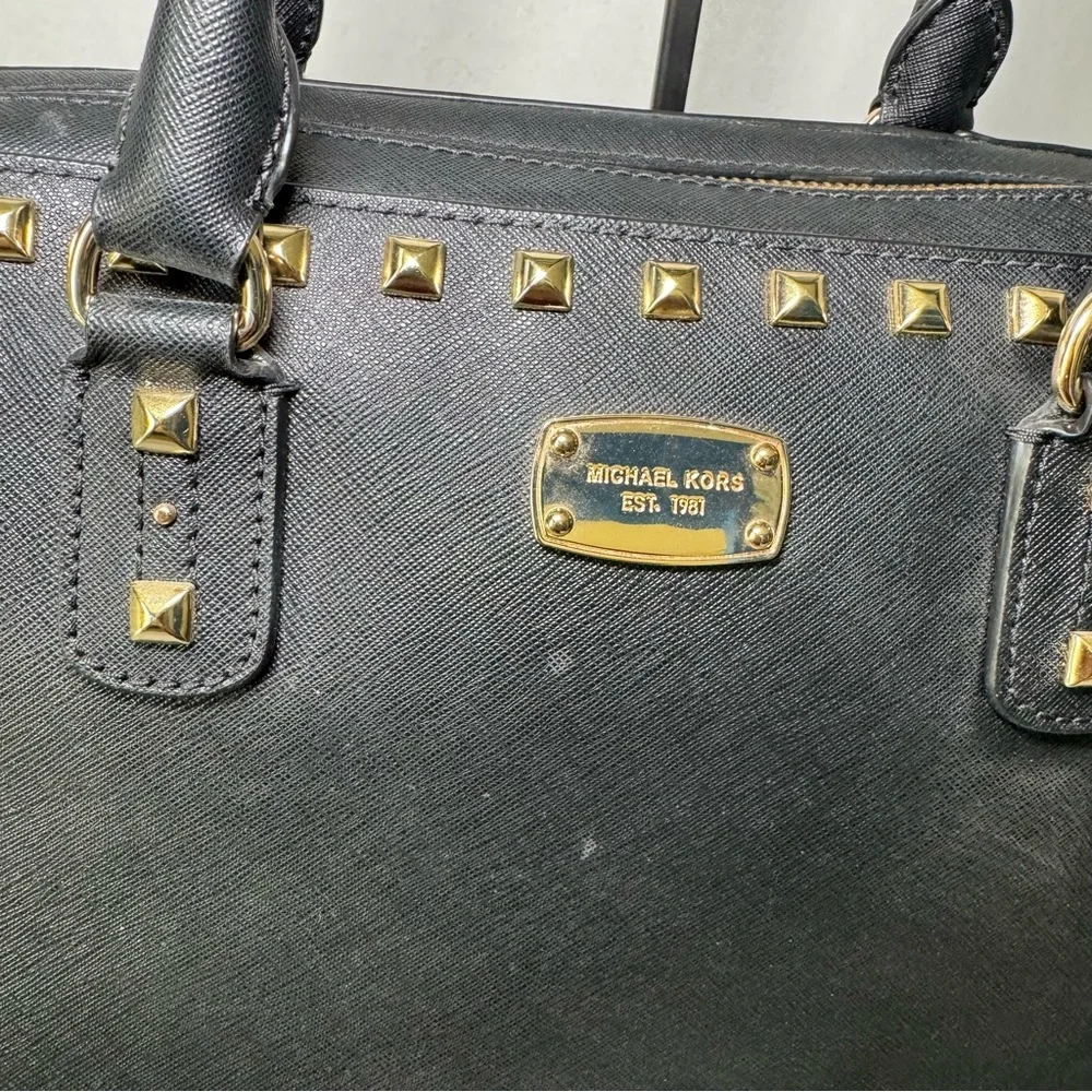 Michael Kors Sandrine Studded Satchel in Black Saffiano Leather w/ Gold Hardware
